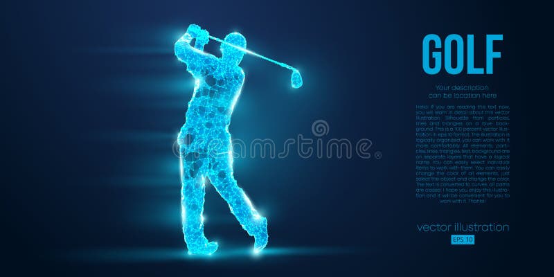Silhouette of a golf player, golfer from particles on blue background. Low poly neon wire outline geometric. Vector royalty free illustration