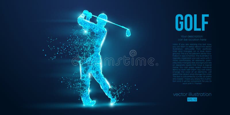 Silhouette of a golf player, golfer from particles on blue background. Low poly neon wire outline geometric. Vector stock illustration