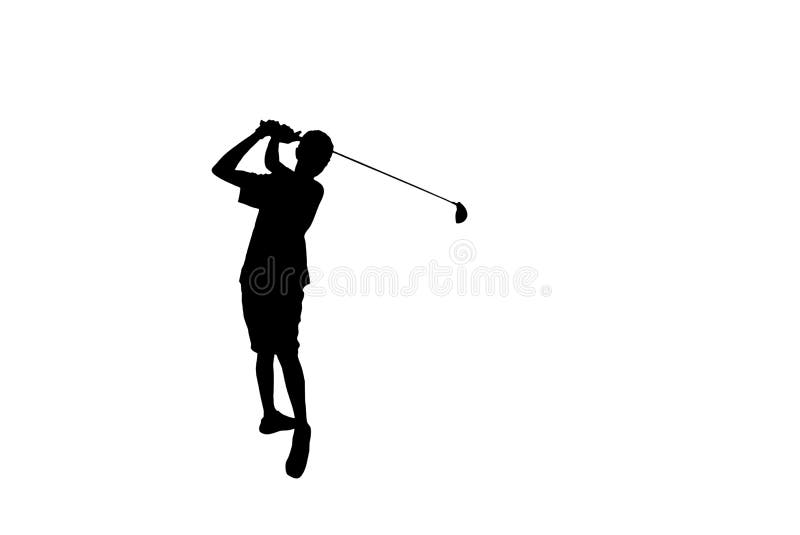 Silhouette golfer hitting golf shot isolated on white background