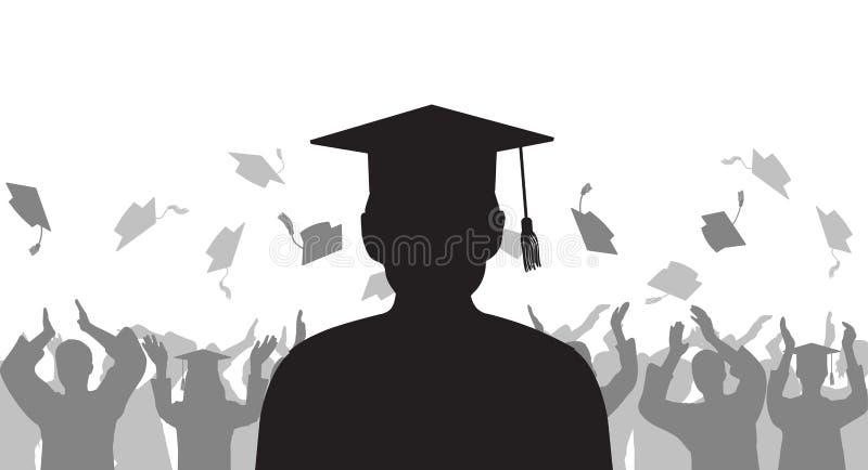 Silhouette graduate on background of cheerful group people throwing mortarboard. Graduation ceremony. Vector illustration