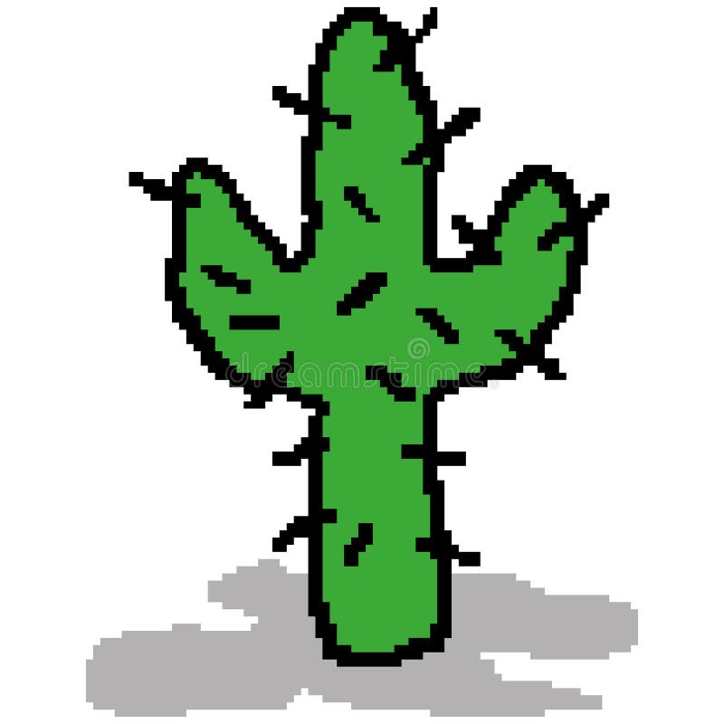 Silhouette of a green cactus plant with prickles on a white background painted by squares, pixels. Vector illustration