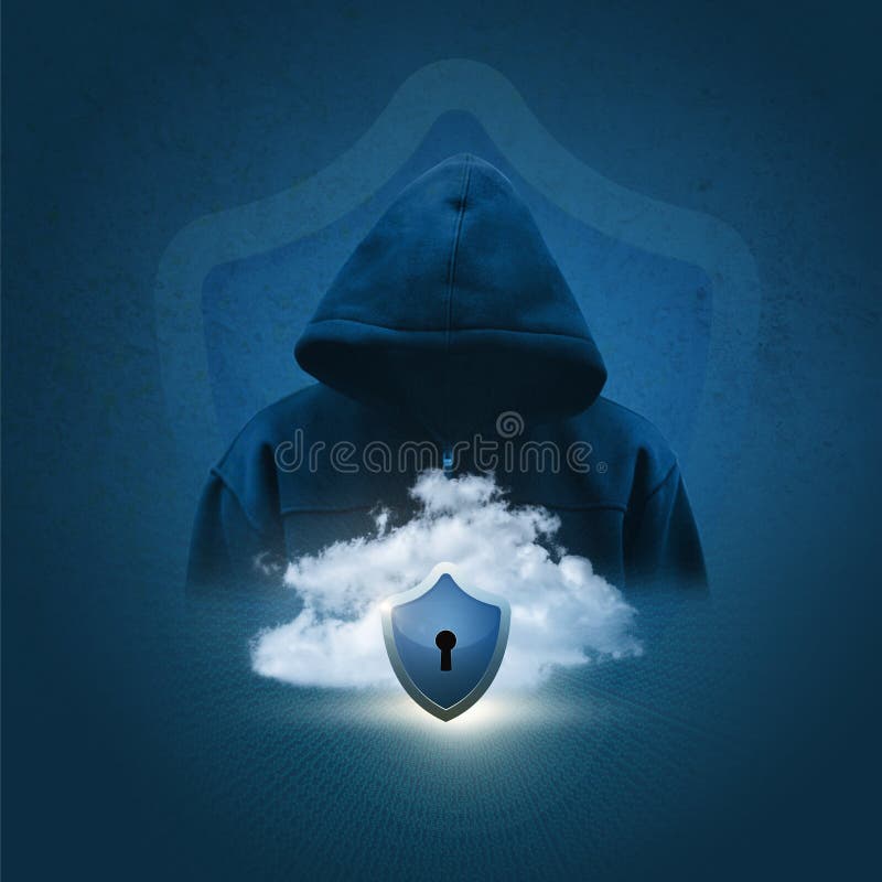 Silhouette of a hacker on the background of secure data cloud. vector illustration