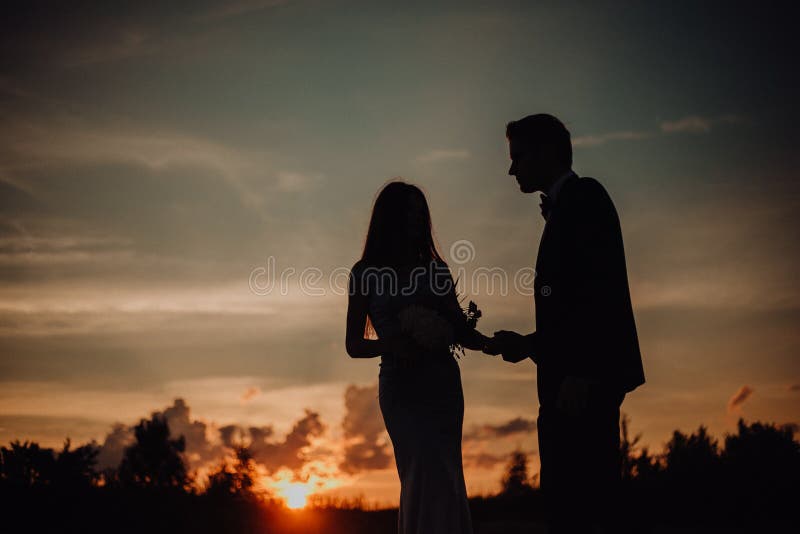 silhouette happy smiling couple of guy kiss girl on sand in classic dress. trees and sky on background royalty free stock image silhouette happy smiling couple of guy kiss girl on sand in classic dress. trees and sky on background royalty free stock image