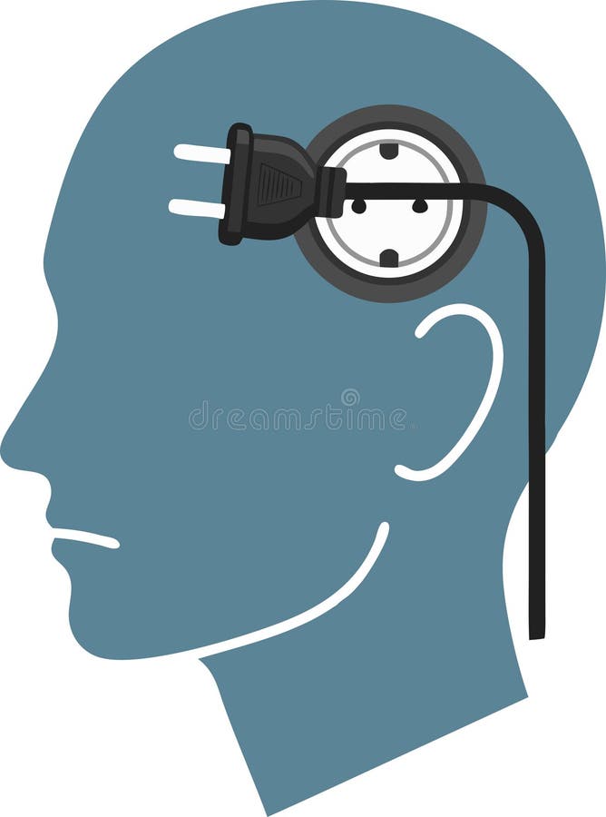 A silhouette of a head with a power plug (connected or disconnected). The concept of the "eternal student" is to activate or deactivate the brain from the "race to retrain" and mental stress. AI picture - created with the help of artificial intelligence technologies. Brain disconnect vectors