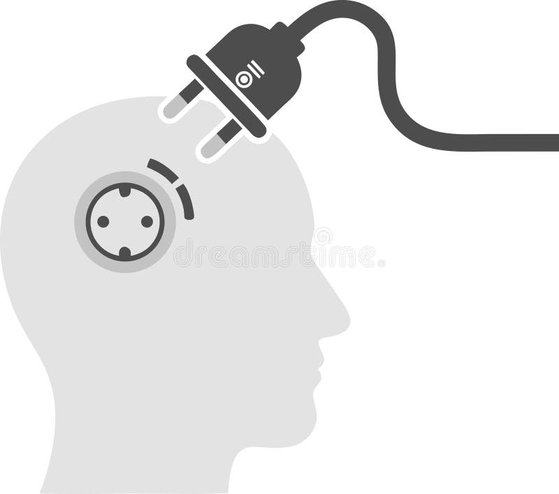 A silhouette of a head with a power plug (connected or disconnected). The concept of the "eternal student" is to activate or deactivate the brain from the "race to retrain" and mental stress. AI picture - created with the help of artificial intelligence technologies. Brain disconnect vectors
