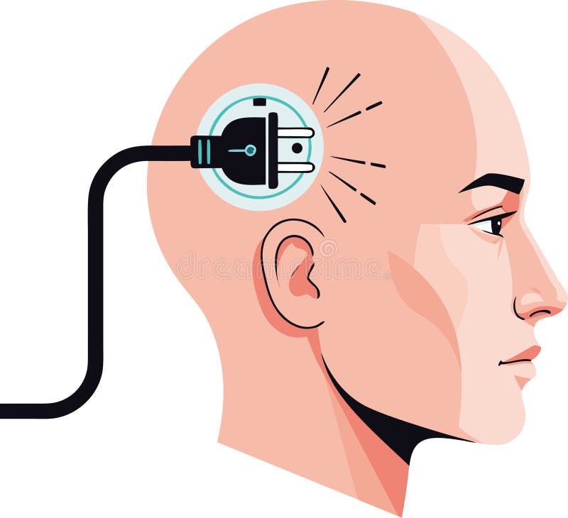 A silhouette of a head with a power plug (connected or disconnected). The concept of the "eternal student" is to activate or deactivate the brain from the "race to retrain" and mental stress. AI picture - created with the help of artificial intelligence technologies. Brain disconnect vectors