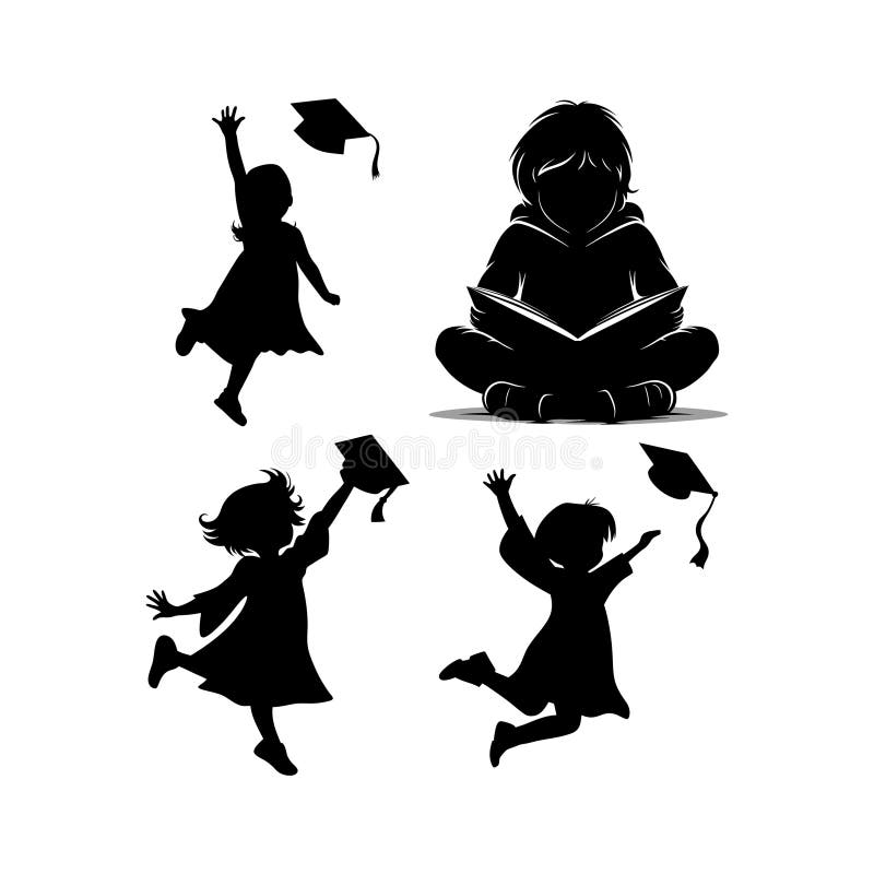 Silhouette Illustration of Children Celebring Graduation. royaltyfri illustrationer