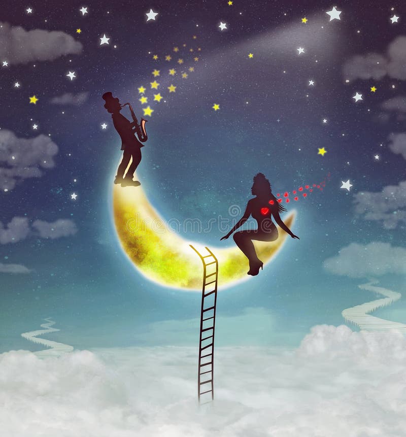 Silhouette illustration of a girl and a boy sitting on moon