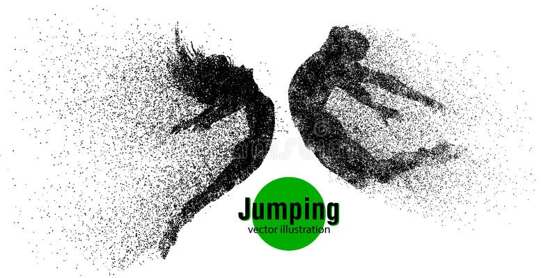 Silhouette of a jumping man and girl from particles