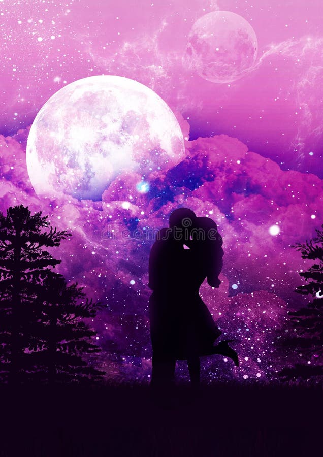 Silhouette a Kisses Couple in Love on a Background a Night Boundless Sky,  Romantic a Space Landscape Stock Image - Image of couple, atmosphere:  224421015