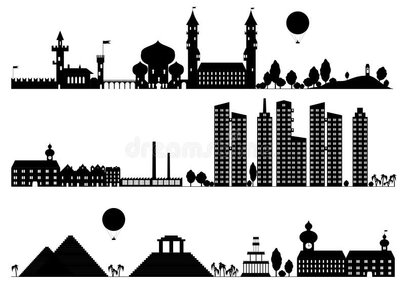 Silhouette Landscape and Building Stock Illustration - Illustration of