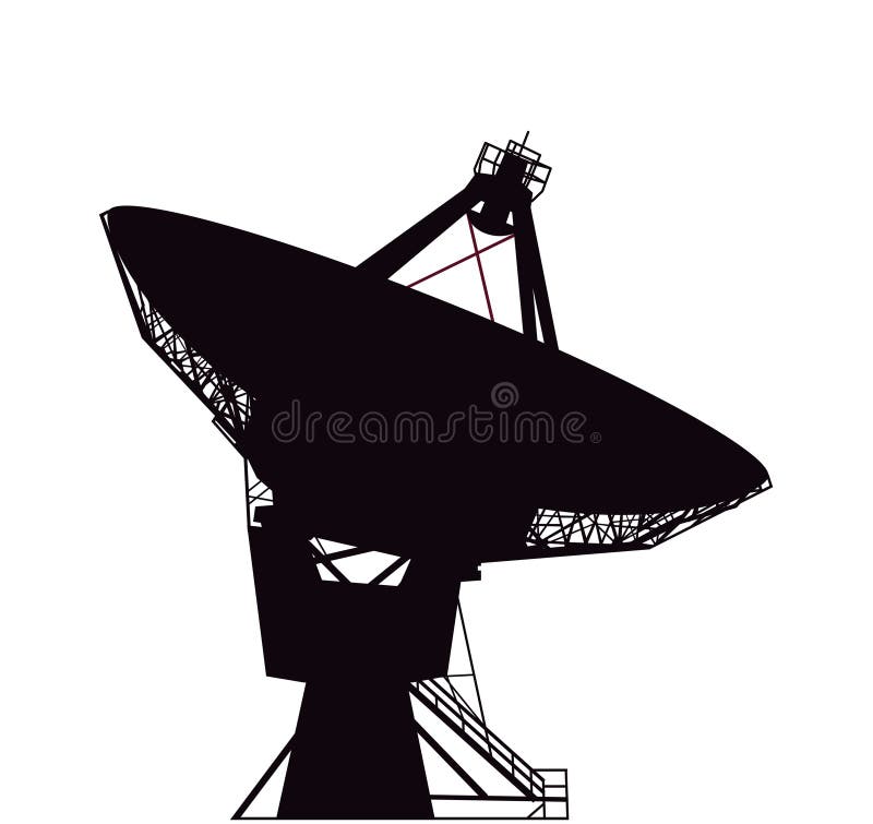 Silhouette of a large space satellite antenna stock illustration