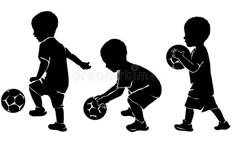 Silhouette little kid soccer player with ball