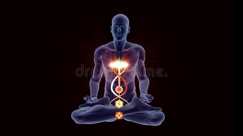 Silhouette in lotus pose with four Chakras