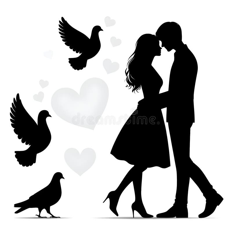 Silhouette of a Loving Couple on a White Background with Hearts Stock ...