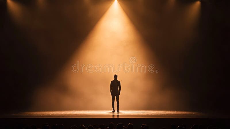Silhouette of a Male Performer Standing on a Modern Stage Under Dramatic Lighting. Concept of performance art
