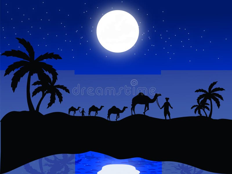 Silhouette of man with camels