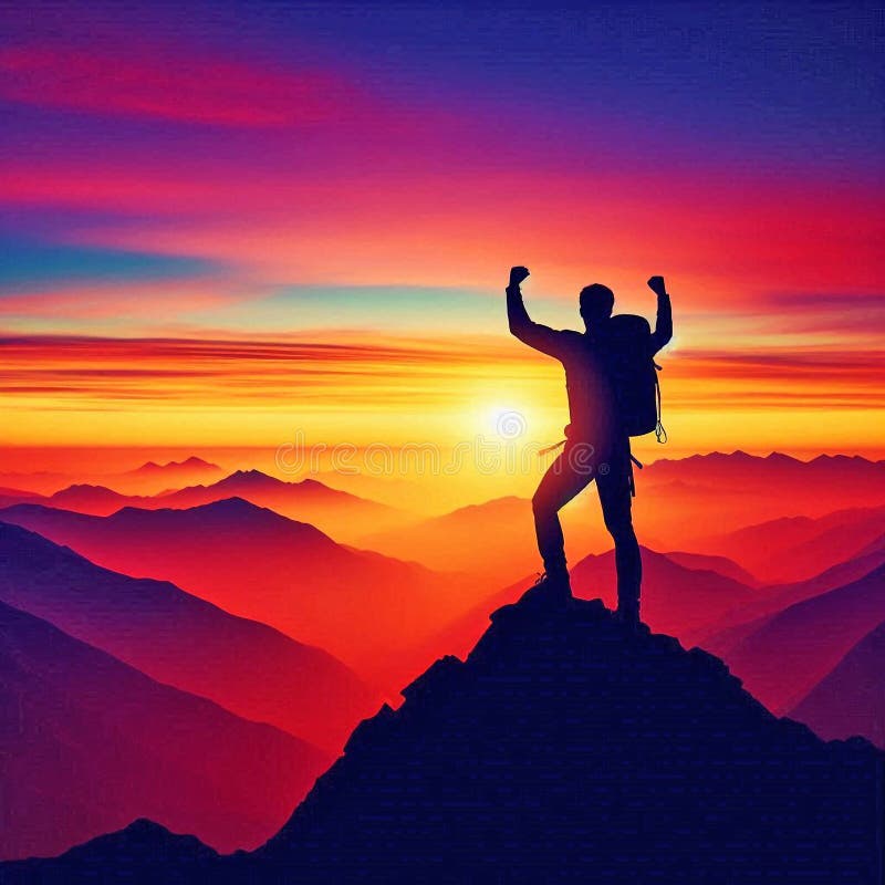 Peak of Success, a man climbs a mountain at sunset vector illustration