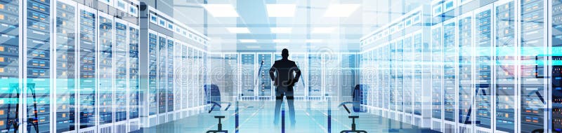 Silhouette Man In Data Center Room Hosting Server Computer Information Database stock illustration