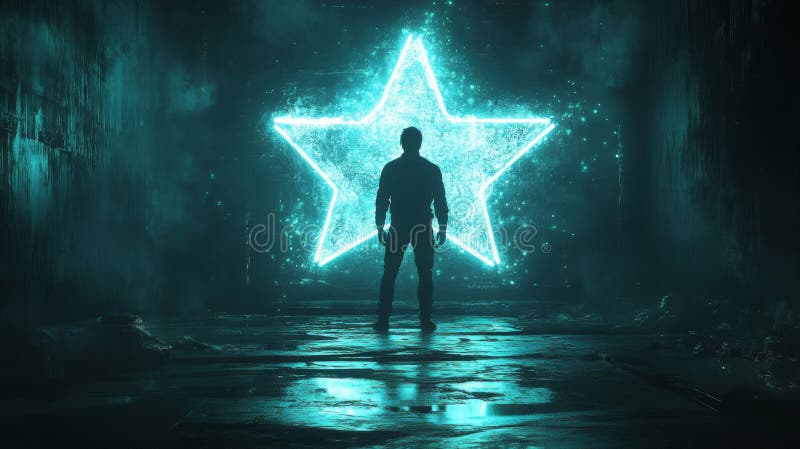 Silhouette of a Man Before a Glowing Teal Star stock illustration