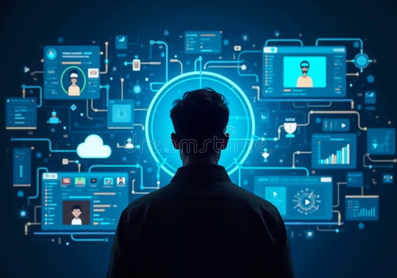 Silhouette of a Man Looking at a Digital World Map with Global Data and Futuristic Interface - Concepts of Technology, Analytics and Artificial Intelligence. Silhouette of a man from behind looking at a large screen with a digital world map surrounded by visual data, graphics and digital icons. The concept of future technology, artificial intelligence, and global data analysis. High-resolution horizontal format, suitable for technology illustrations, futuristic editorials and visual backgrounds of professional presentations. a man Is working in front of big computer with data analysis, future technology concept, blur effect backgraund. A small business owner optimizing supply chain management with the help of AI, surrounded by screens displaying real-time data and projections in a sleek, modern office. Generative Ai. silhouette, global, map, man, technology, network, earth, innovation, business, digital, future, communication, connection, vision, modern, datum, information, leadership, concept, cyberspace, growth, standing, strategy, success, worldwide, businessman, city, futuristic, globe, interface, international, perspective, planning, team, looking, person, design, background, globalisation, analysis, connectivity, corporate, development, display, networking, professional, progress, research, software, teamwork, virtual, world, night, abstract, computer, urban, woman, travel, view, ambition, businesswoman, coding, commerce, economy, engagement, entrepreneur, executive, exploration, figure, globalization, goal, group, horizon, human, illuminated, impact, intelligence, internet, opportunity, projection, science, screen, skyline, social, solution, system, thinking, device, sunlight, web, illustration, light, rooftop, blue, city landscape, visualisation, achievement, aesthetic, application, aspiration, atmosphere, audience, binary, businesspeople, career, cartography, challenge, code, collar, colleagues, community, company, conceptual, connect, contemplation, countries, crowd, cyber, dot, dusk, evolution, finance, fly, geography, glowing, graphic, helmet, imagery, infographic, infrastructure, inside, inspiration, journey, laptop, large, leader, logistic, look, manager, marketing, matrix, monitor, motivation, navigation, number, occupation, of, online, overlay, partnership, path, planet, platform, pointing, private, programming, resources, security, statistic, suit, surveillance, tech, three-dimensional, touching, trade, transport, trend, universe, up, upward, warehouse, worker, world map, access, advance, back, control, daylight, dimension, double, drone, entrepreneurship, equity, influence, insight, interactive, phone, scene, side, smartphone, teal, workspace, dashboard. Glowing analytics stock images, royalty-free photos and pictures