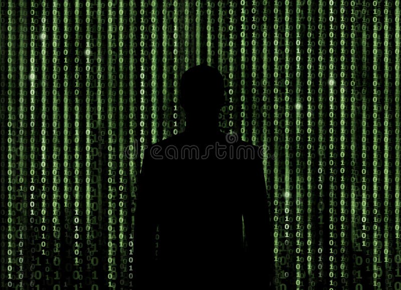 Silhouette of man looking through the digital matrix background
