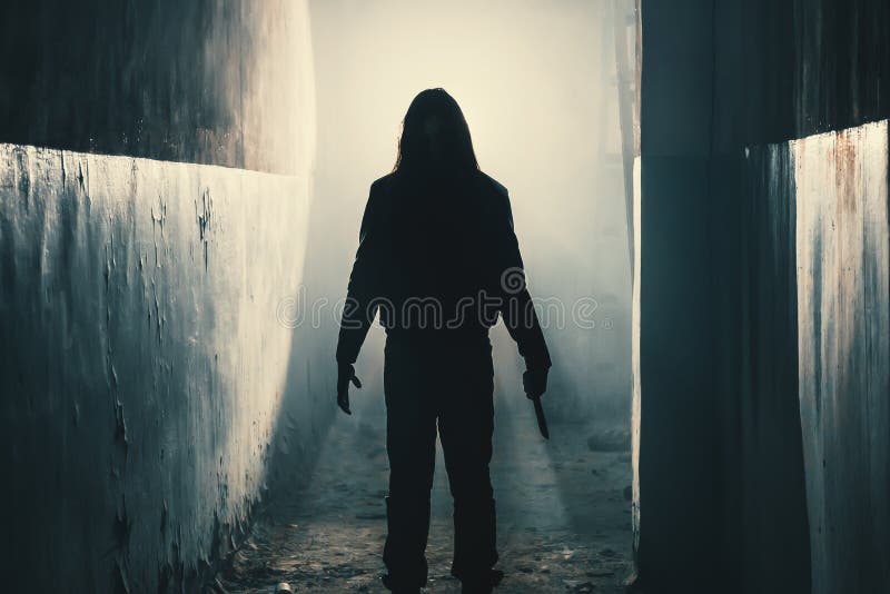 Silhouette of man maniac or killer or horror murderer with knife in hand in dark creepy and spooky corridor. Criminal robber stock image Silhouette of man maniac or killer or horror murderer with knife in hand in dark creepy and spooky corridor. Criminal robber stock image