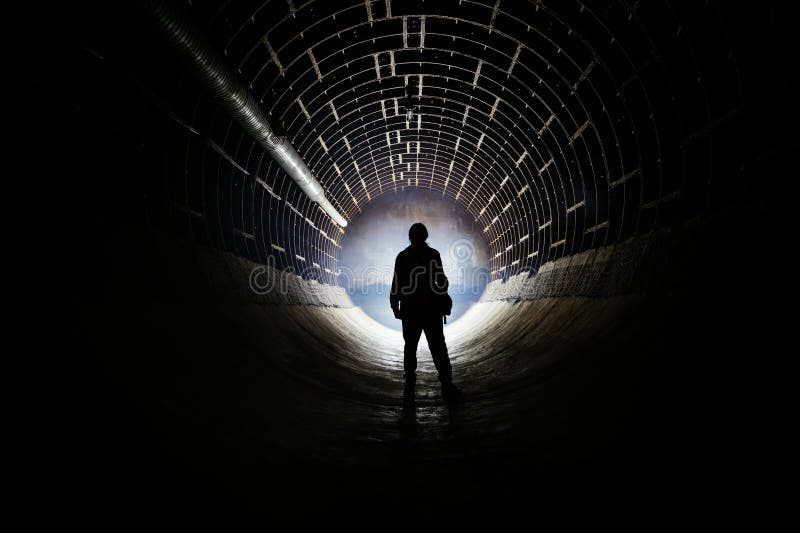 Silhouette of man in round abandoned bunker