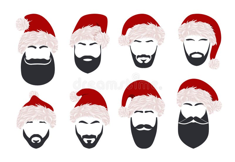 Silhouette of a man`s face with a black beard, a black mustache and a red Santa Claus hat vector illustration on white