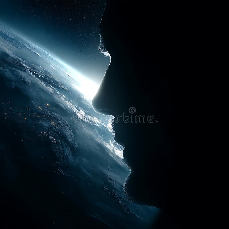 A silhouette of a man\'s face is juxtaposed against a captivating view of Earth from royalty free illustration