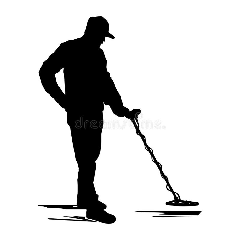 Silhouette man searches for treasures with a metal detector