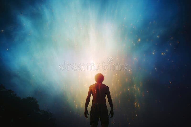 Silhouette of a man standing in the rays of light. stock illustration