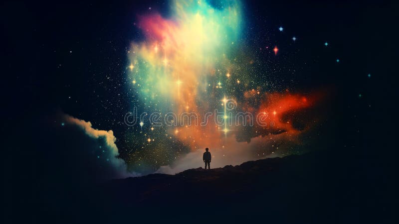 Silhouette of a man standing on the top of a mountain and looking at the colorful nebula stock illustration