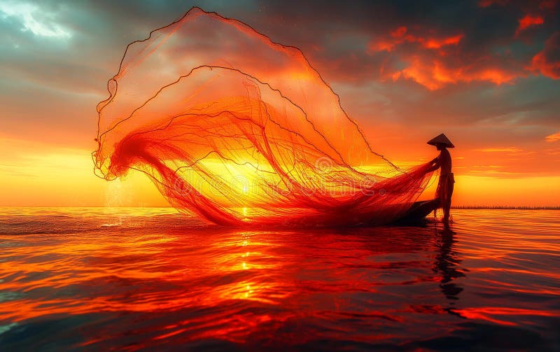 Silhouette of a man throwing a big fishing net into the ocean overlooking the vibrant color sunset vector illustration