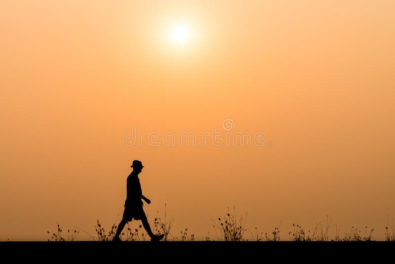 Silhouette Man Walking on the Sunset Background Stock Photo - Image of  rest, background: 68361366