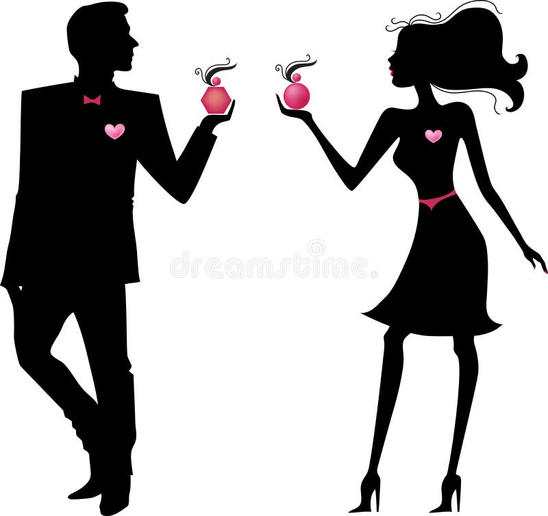 Silhouette of man and woman with perfumes