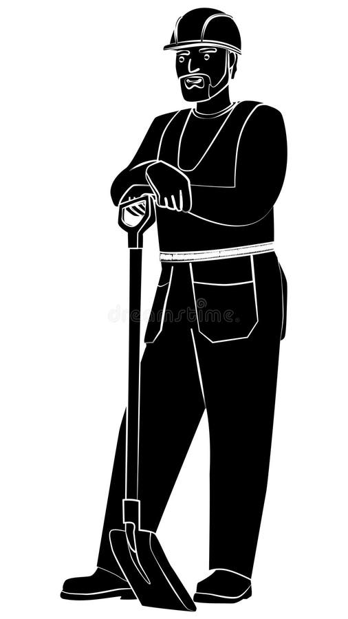 Silhouette of Man in Work Clothes and Hard Hat Stands Leaning on Shovel