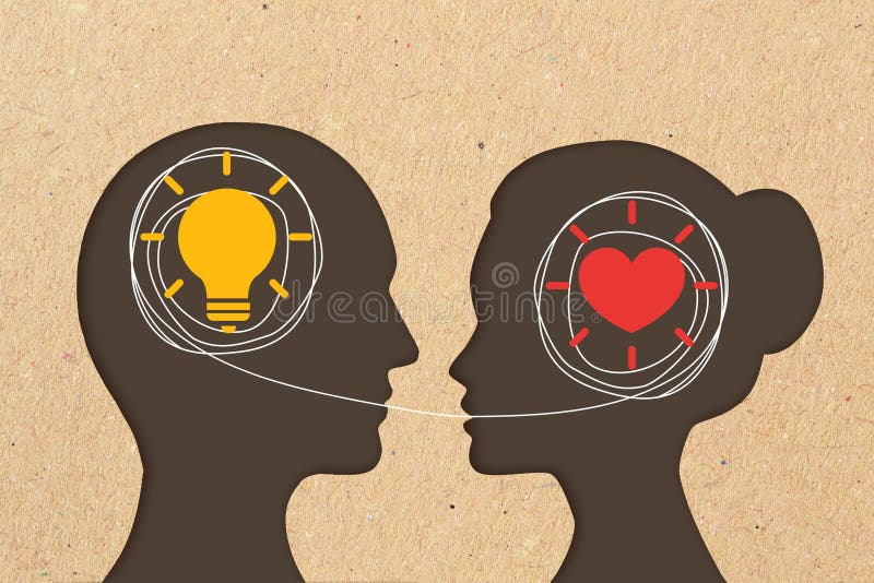 Silhouette mit Glühbirne Icon und Frau Kopf Silhouette mit Herz-Icon-Konzept der Unterschiede in der Kommunikation lizenzfreie stockfotografie
