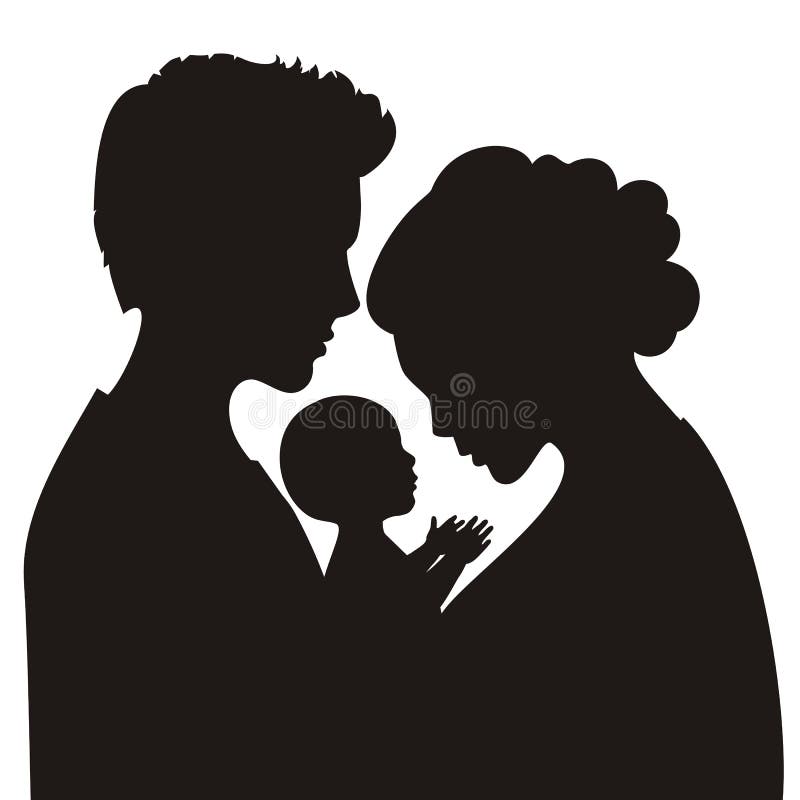 Silhouette of mom, dad and baby together hugging with love and tenderness. Silhouette of mom, dad and baby together hugging with love and tenderness