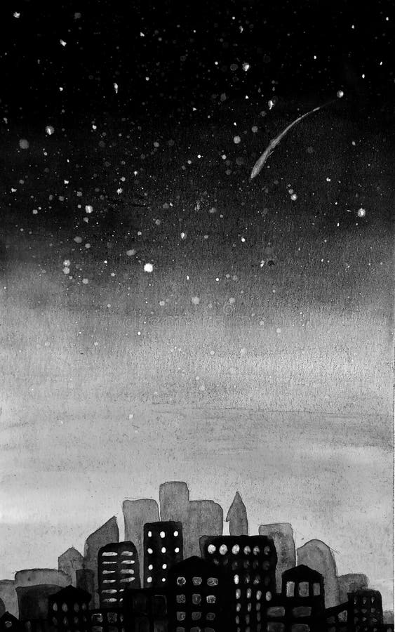 Silhouette monochrome de la ville, des megopolis, du paysage urbain sur un lever de soleil de fond et d'un ciel étoilé avec l'esp illustration de vecteur Silhouette monochrome de la ville, des megopolis, du paysage urbain sur un lever de soleil de fond et d'un ciel étoilé avec l'esp illustration de vecteur