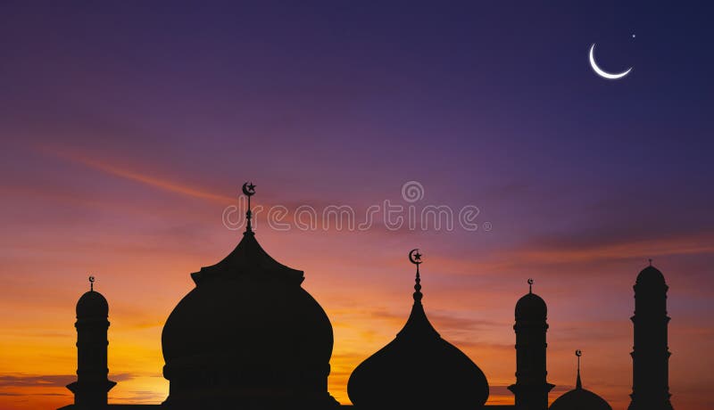 Silhouette of Mosques Dome on colorful twilight and Crescent Moon on dusk sky background in Ramadan holy month royalty free stock photography