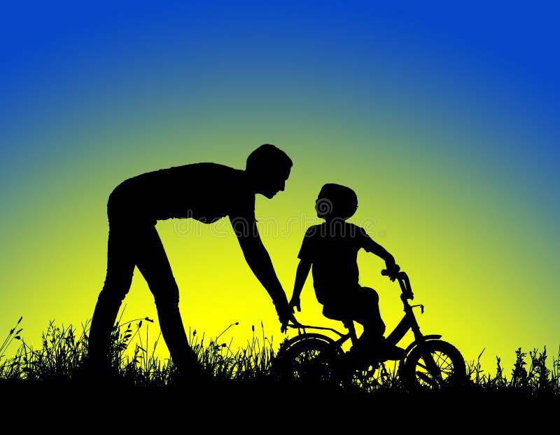 Silhouette of a mother who teaches his son to ride a bike