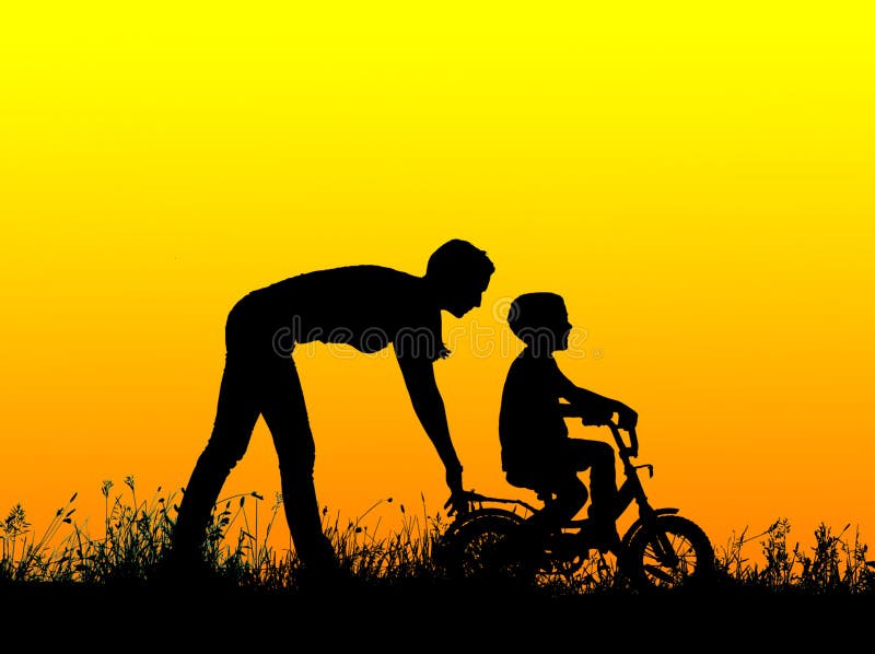 Silhouette of a mother who teaches his son to ride a bike