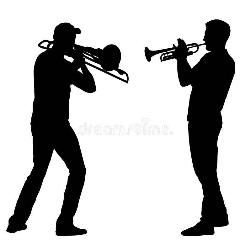Silhouette of musician playing the trombone and trumpet on a white backgrou...