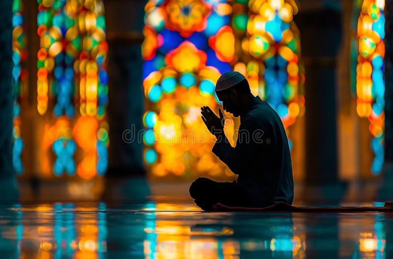 Silueta de hombre elevado manos ora en mezquita es un fuerte imagen representante islámico fe devoción.