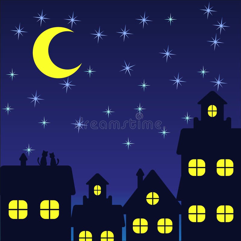 Silhouette of Night Houses Against the Background of the Night Sky and the  Moon Stock Illustration - Illustration of roof, city: 185552468
