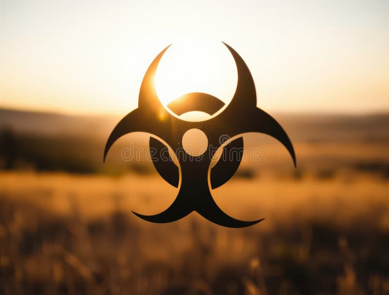 Silhouette noire d'un symbole de danger biologique soleil brillant zone de danger paysage AI généré illustration libre de droits