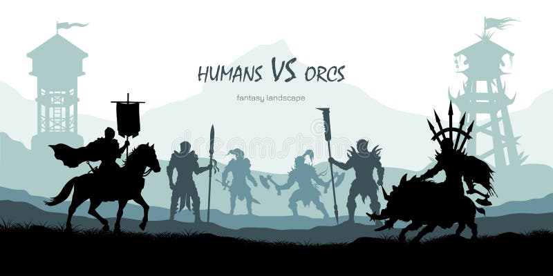 Silhouette noire des orques et des humains de bataille Horizontal d'imagination 2d panorama médiéval Chevaliers et guerriers comb illustration libre de droits Silhouette noire des orques et des humains de bataille Horizontal d'imagination 2d panorama médiéval Chevaliers et guerriers comb illustration libre de droits
