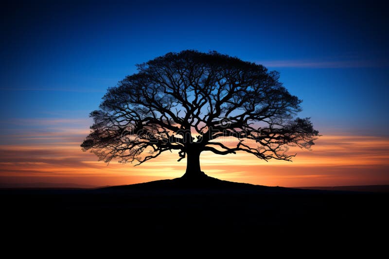 Silhouette of an Oak Tree at Sunset Stock Illustration - Illustration