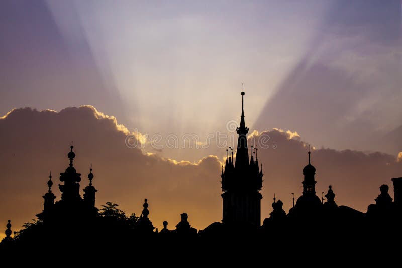 Silhouette of old city Krakow at sunrise or sunset